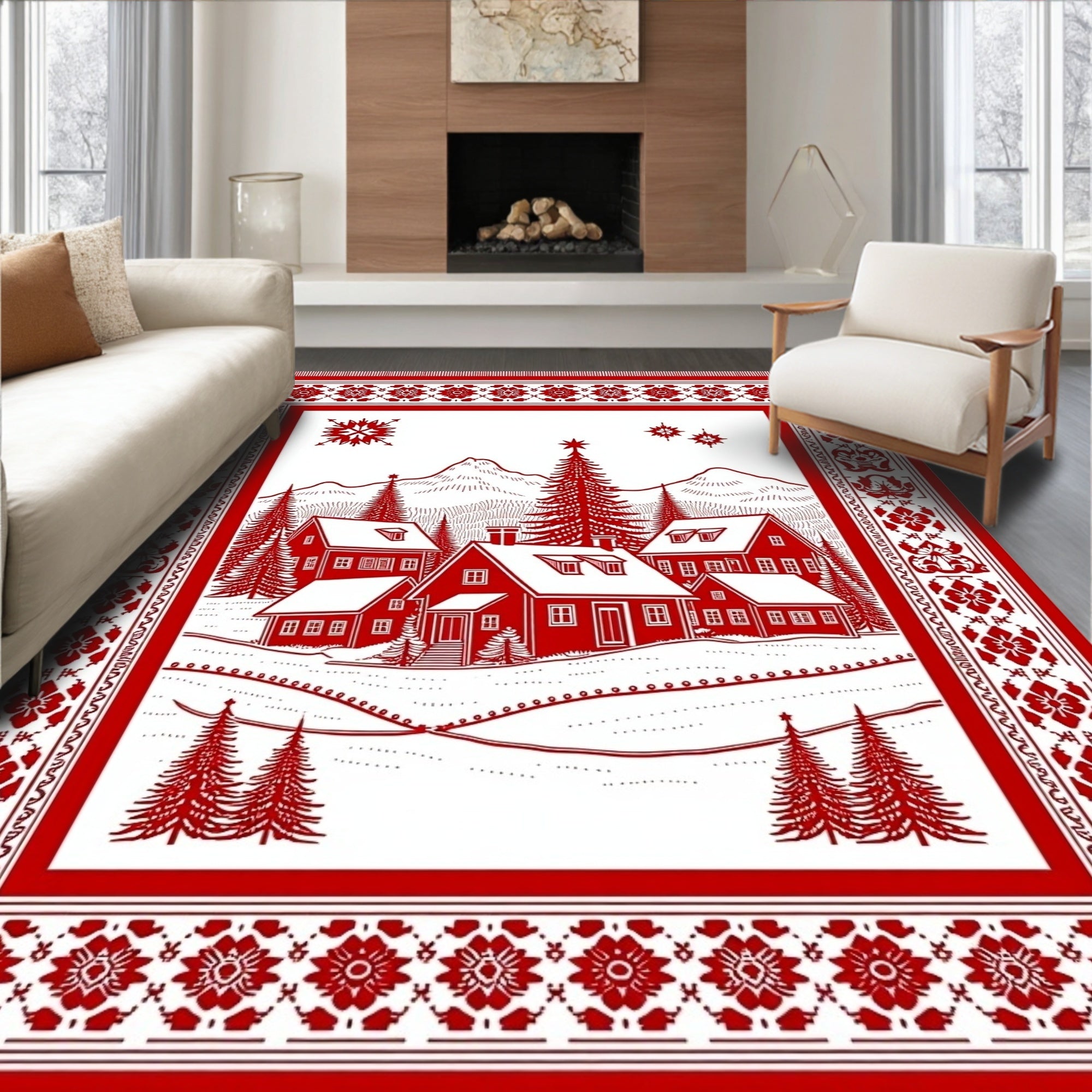 Crisp Red Winter Village Scene Rug