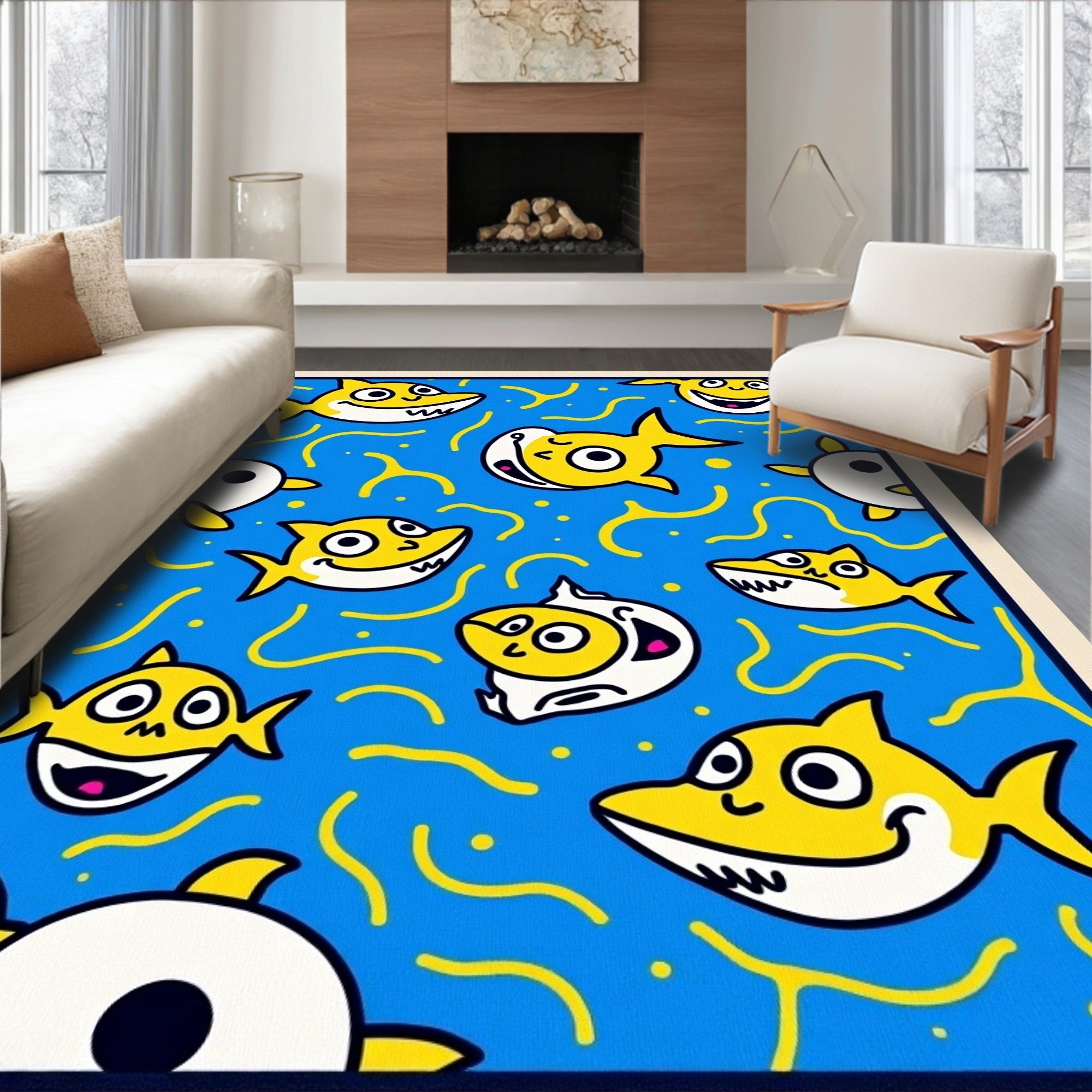 Whimsical Yellow Shark Blue Swirls Rug