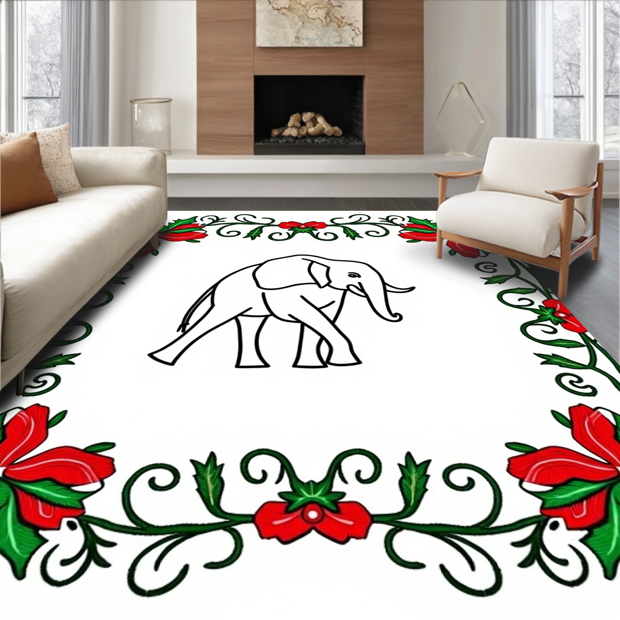 Holiday Red Green Floral Elephant Rug