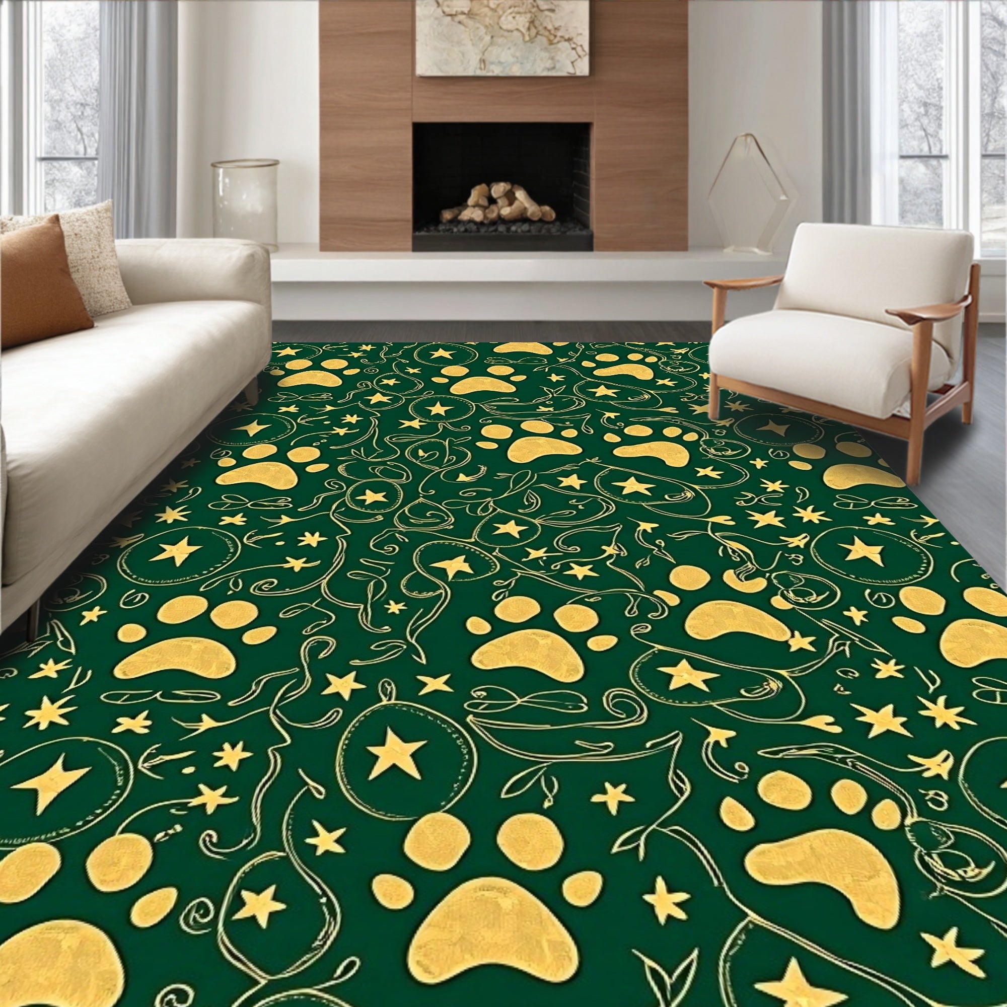 Golden Paw Stars Swirls Emerald Rug