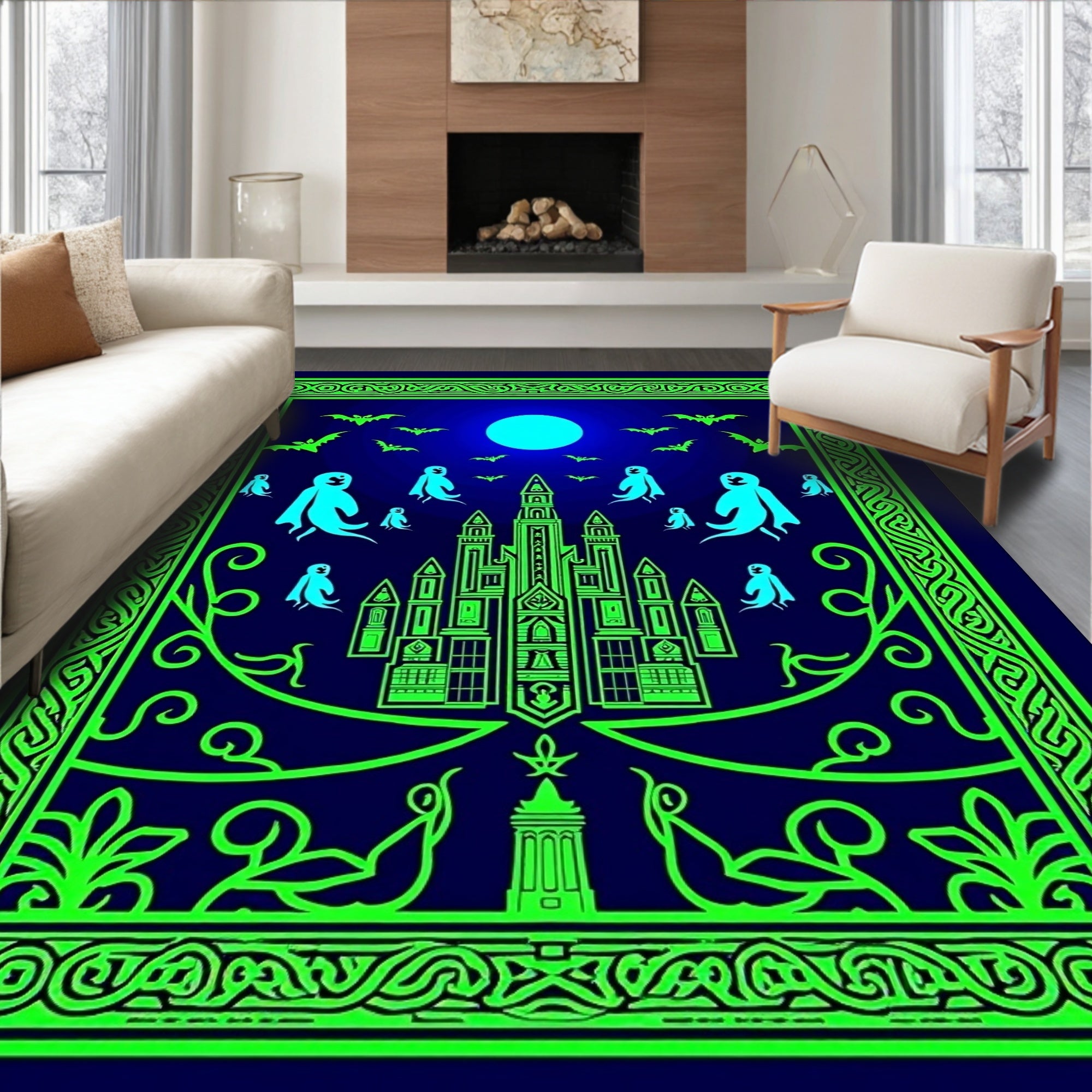 Eerie Neon Gothic Castle Ghost Moon Bats Rug