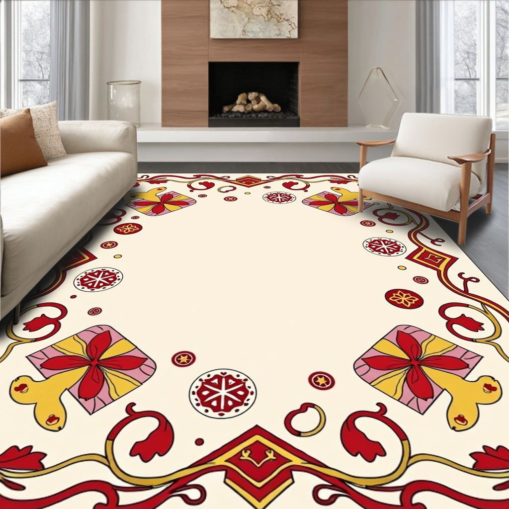 Red Yellow Floral Rabbit Border Rug