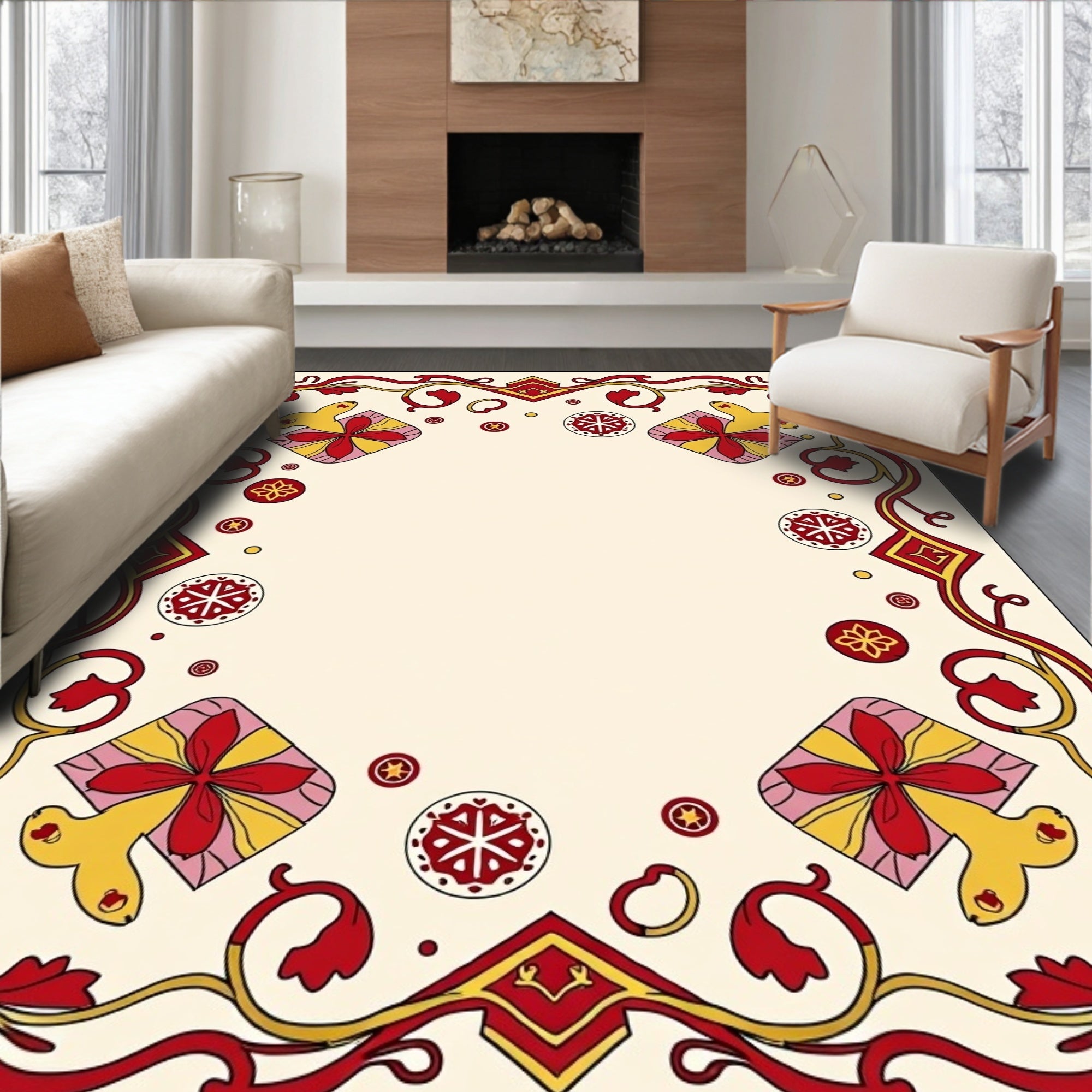 Red Yellow Floral Rabbit Border Rug