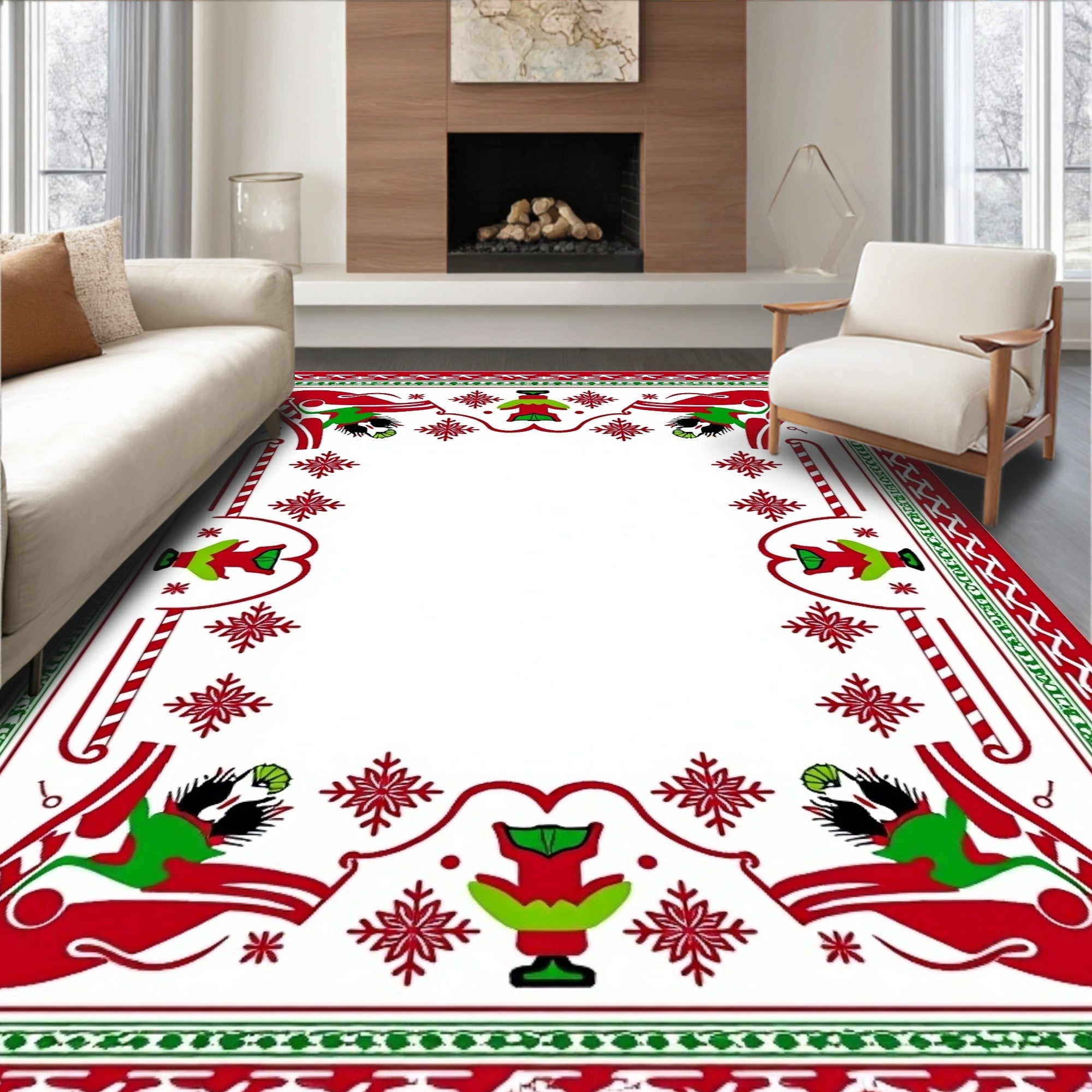 Festive Red Green Elf Snowflake Border Rug