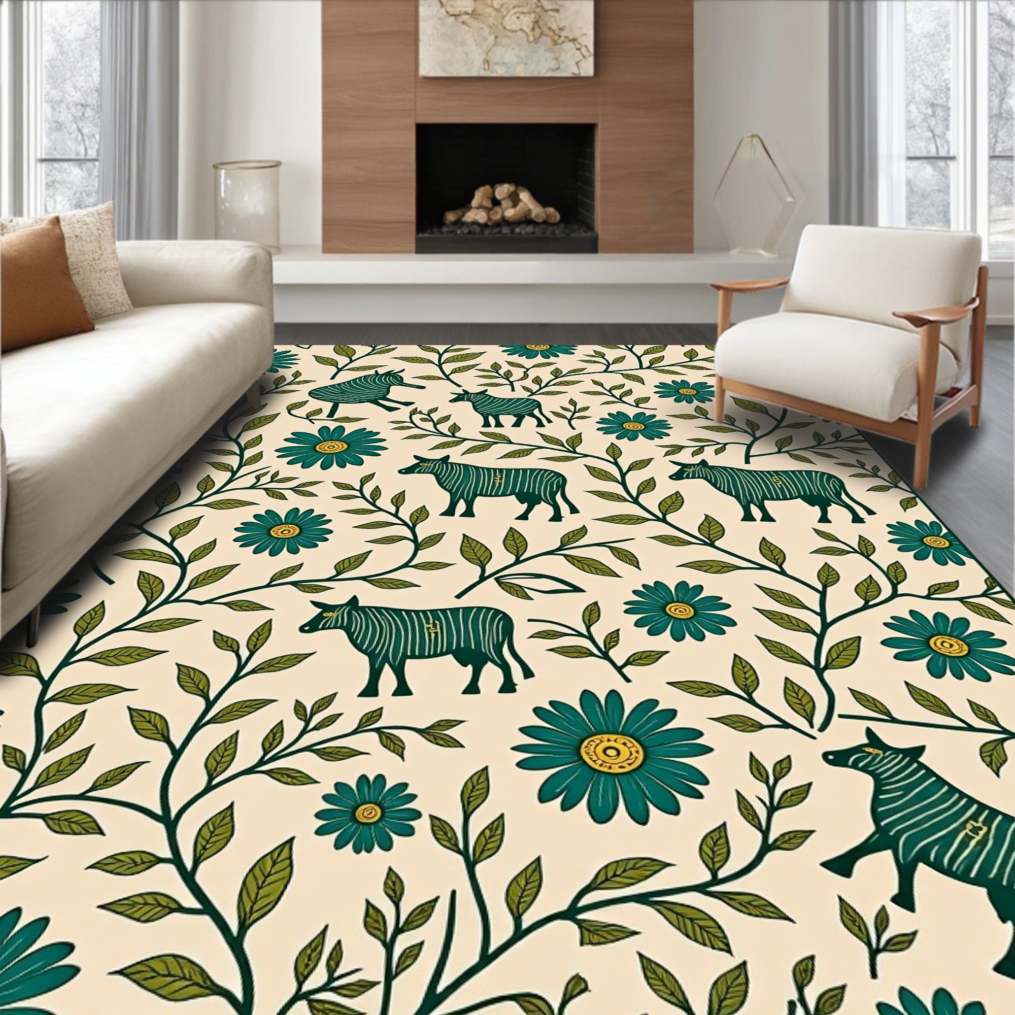 Teal Zebra Flowers Cream Background Rug