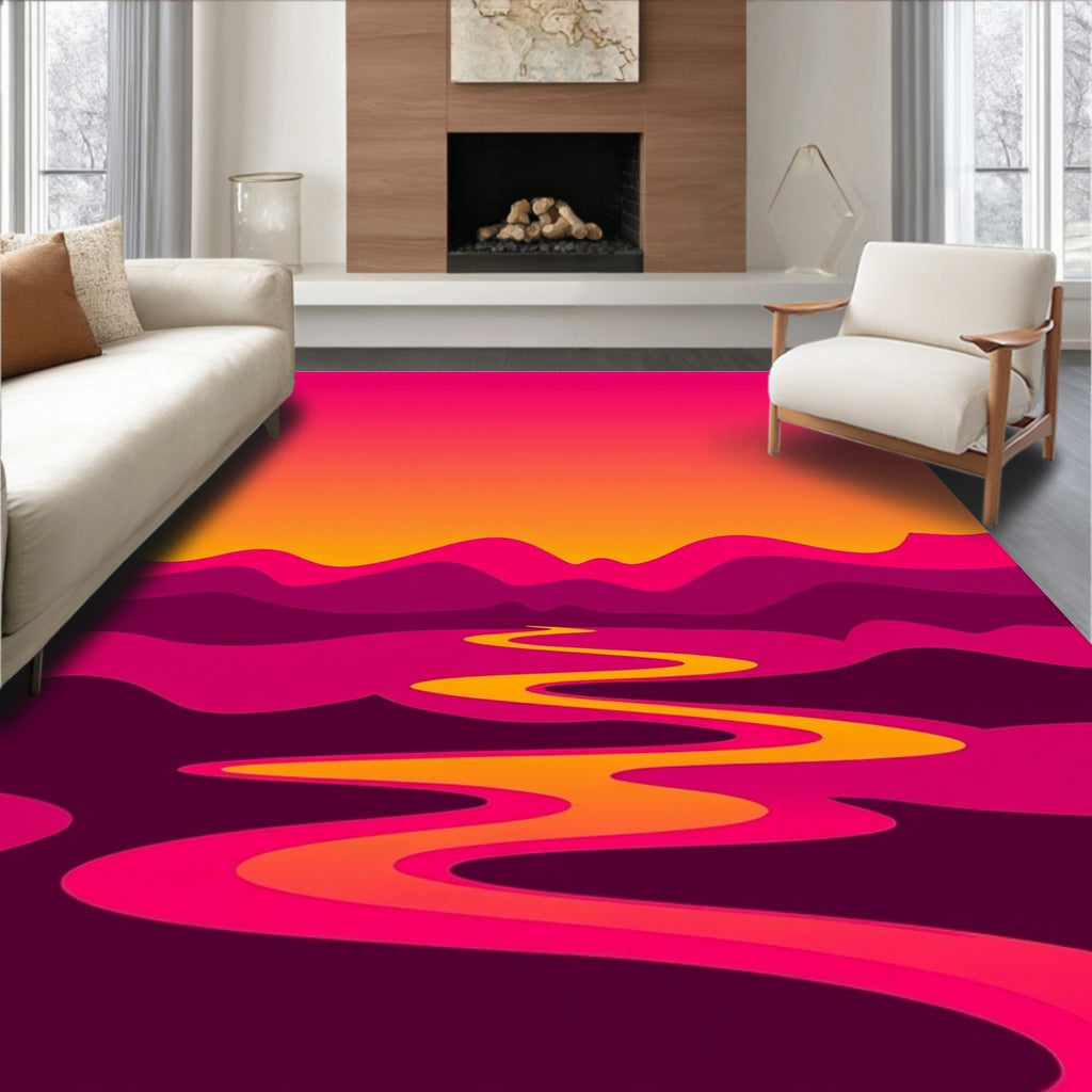 Vibrant Magenta Abstract River Landscape Rug