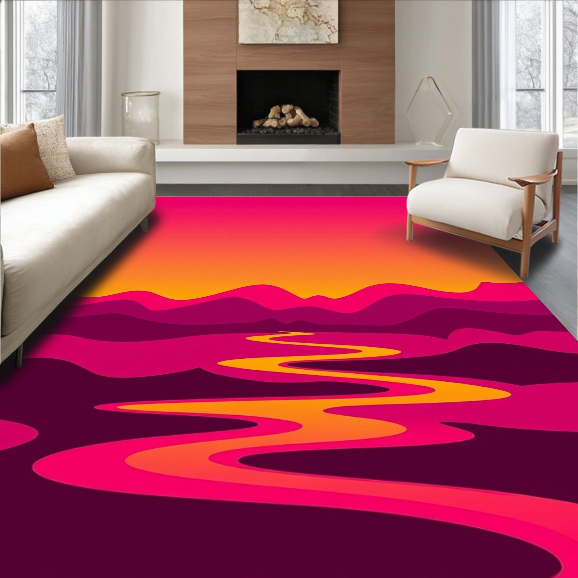 Vibrant Magenta Abstract River Landscape Rug