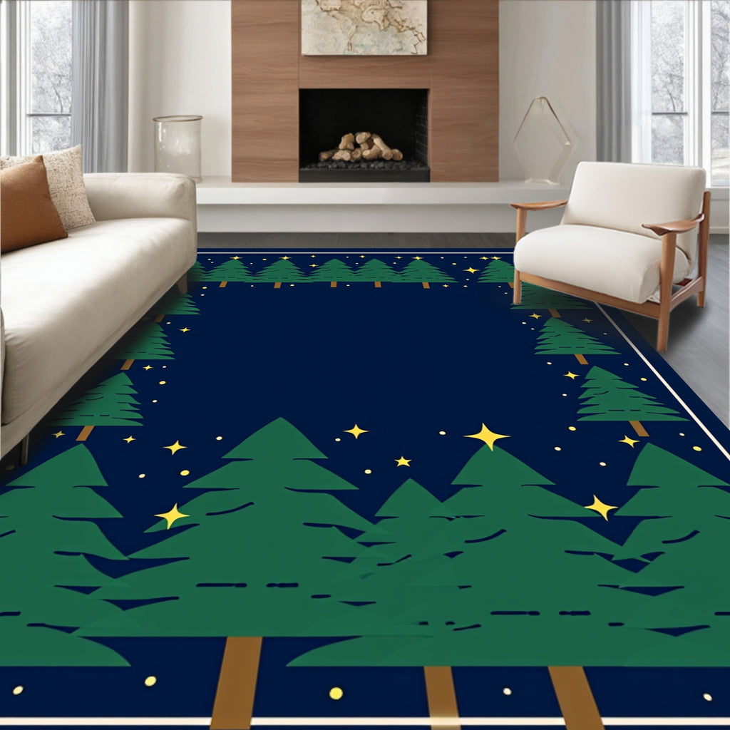 Deep Blue Evergreen Starry Forest Rug
