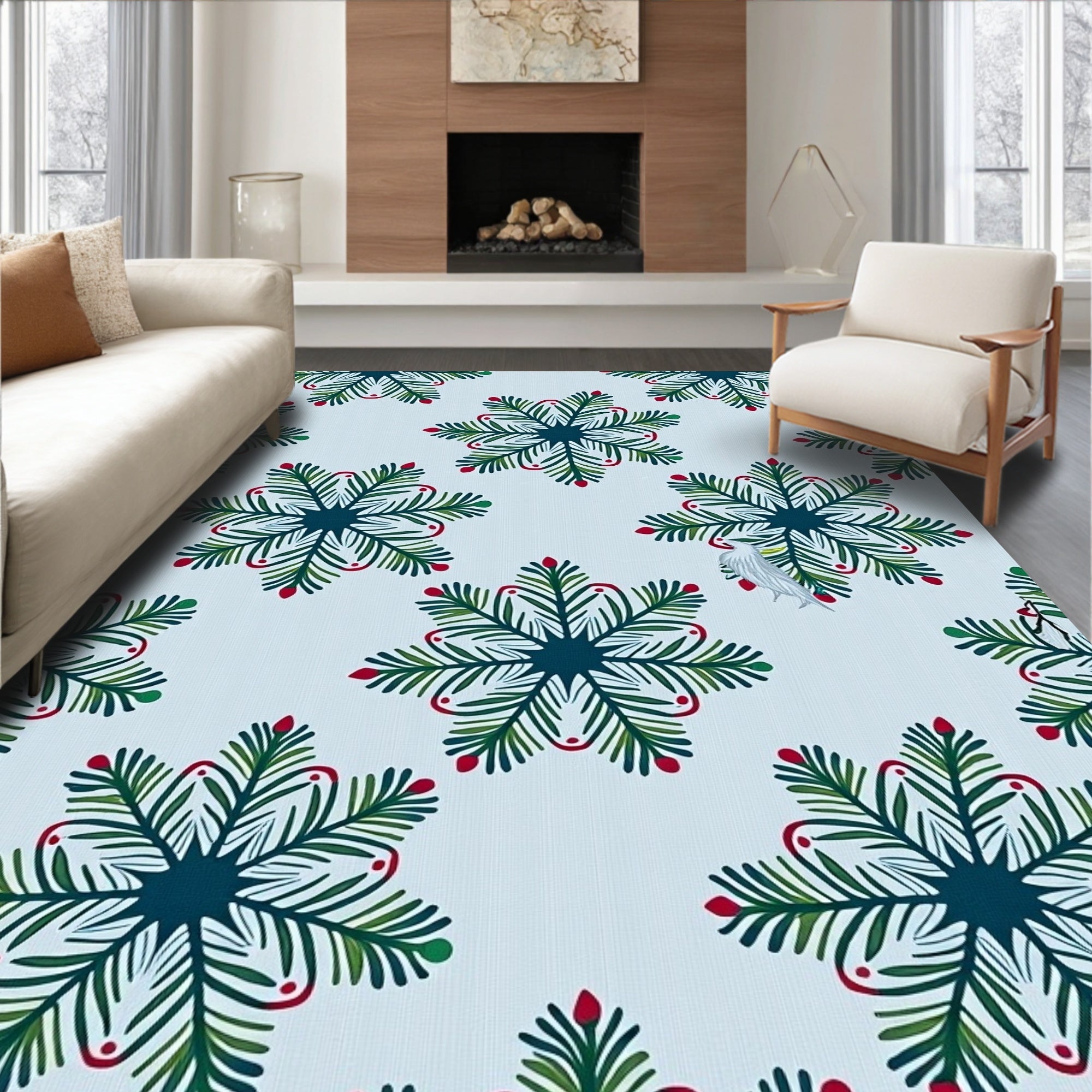 Delicate White Bird Pine Cluster Rug