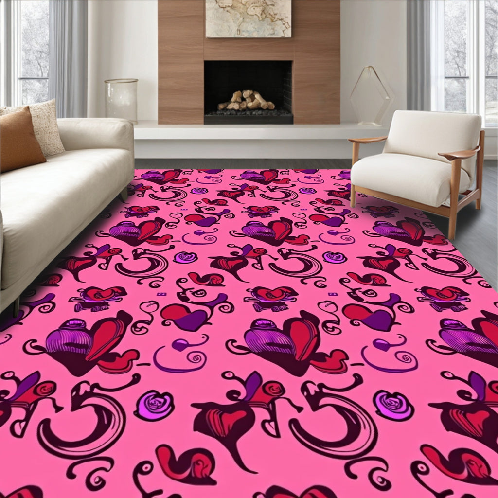 Hearts and Curls Pink Repeating Pattern Rug