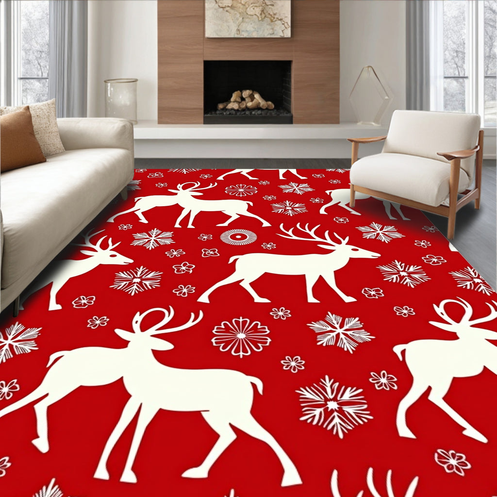 Red White Reindeer Snowflakes Holiday Rug