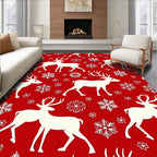Red White Reindeer Snowflakes Holiday Rug
