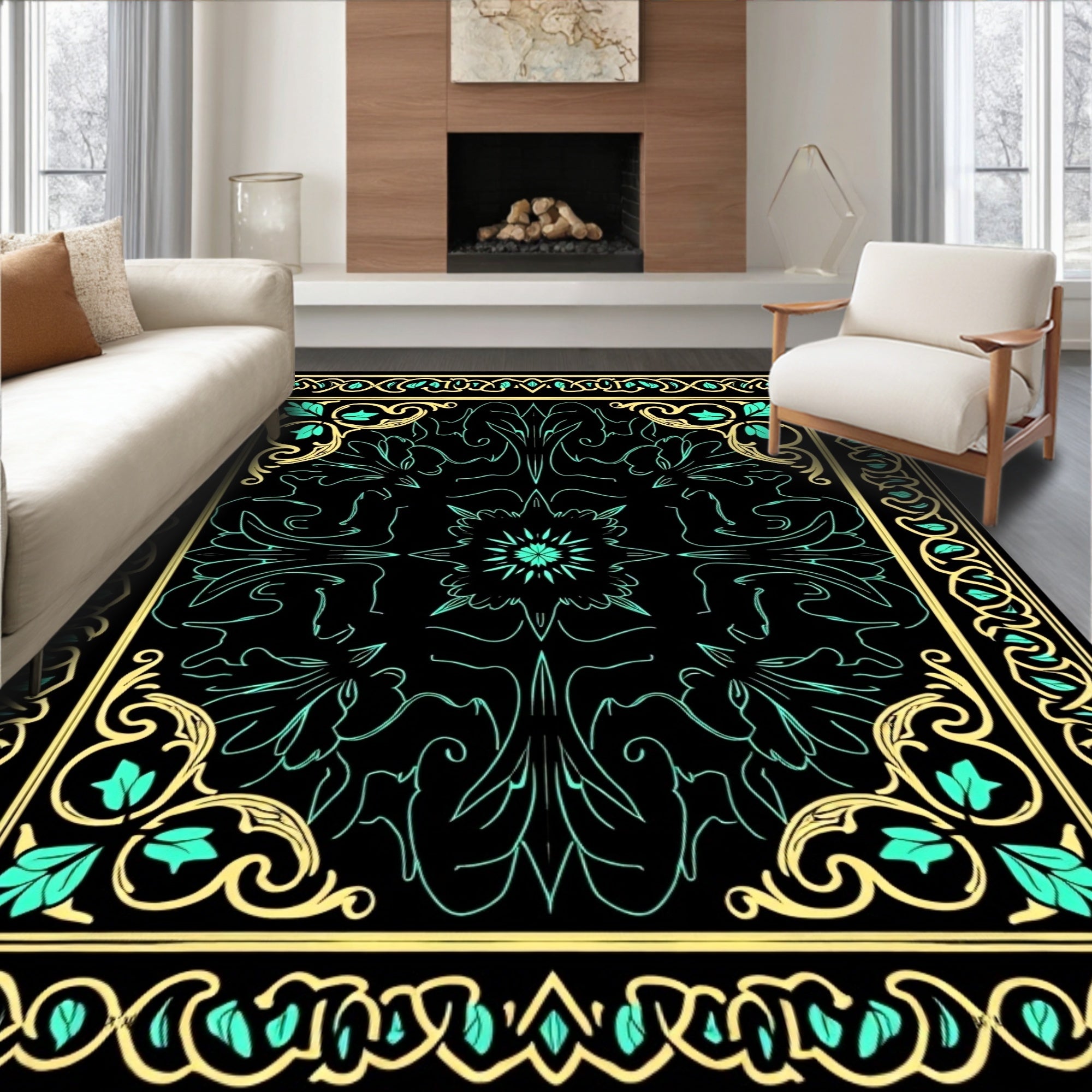 Black Teal Golden Ornate Floral Rug