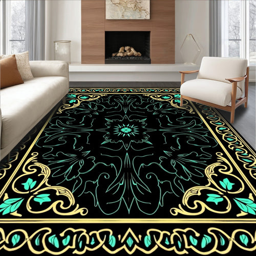 Black Teal Golden Ornate Floral Rug