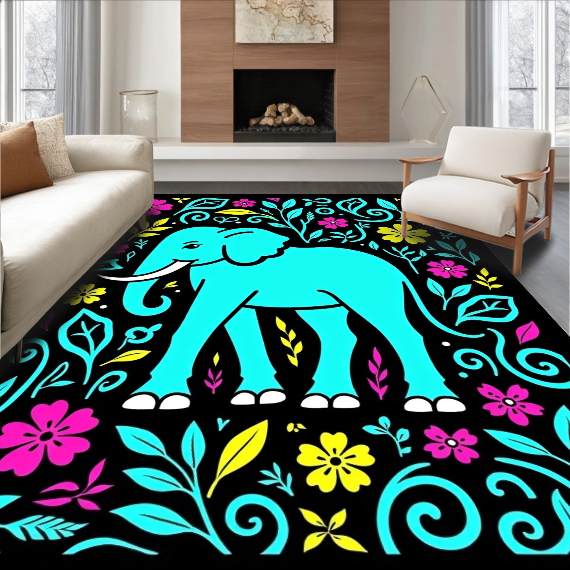 Vibrant Aqua Elephant Floral Garden Rug