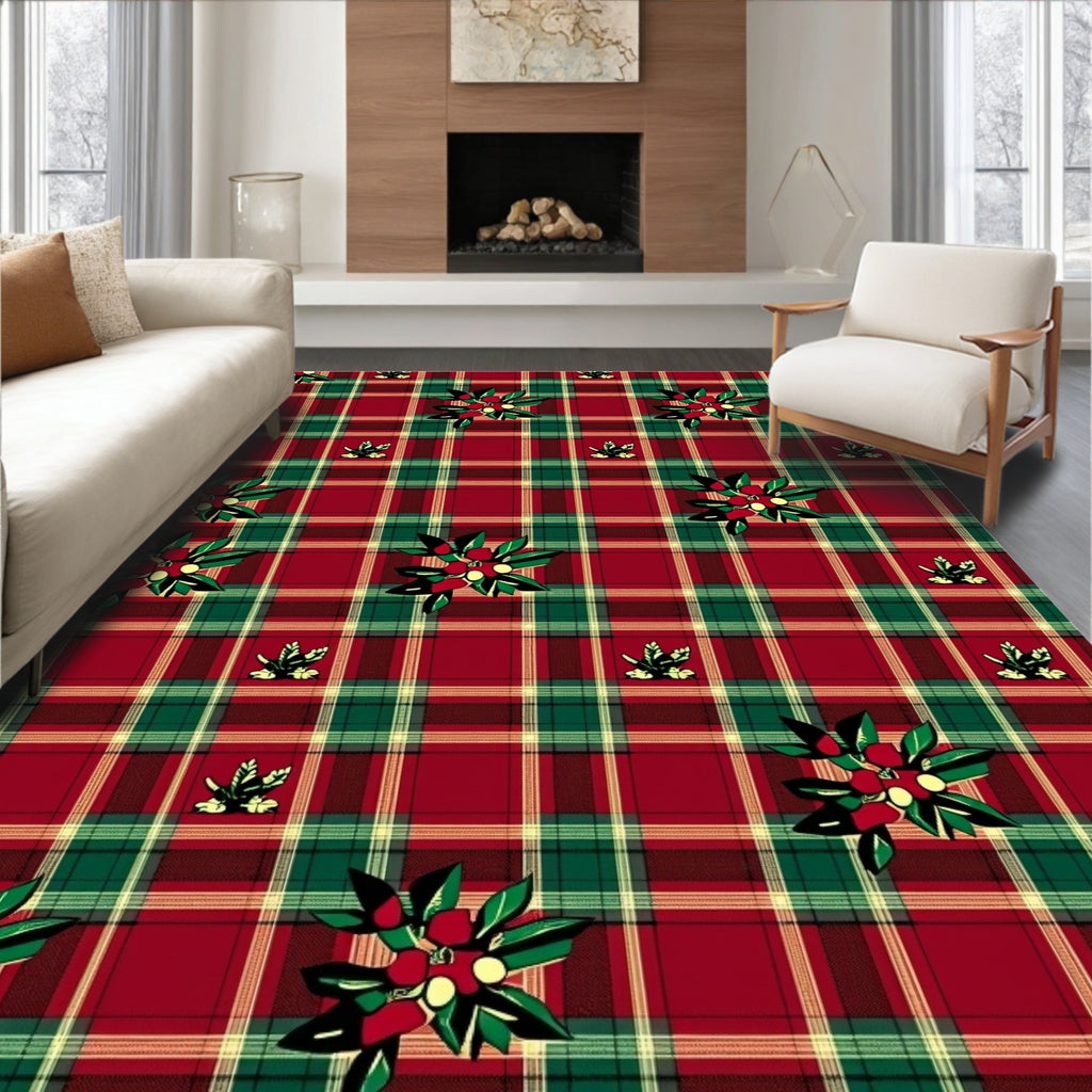 Red Green Tartan Floral Garland Rug