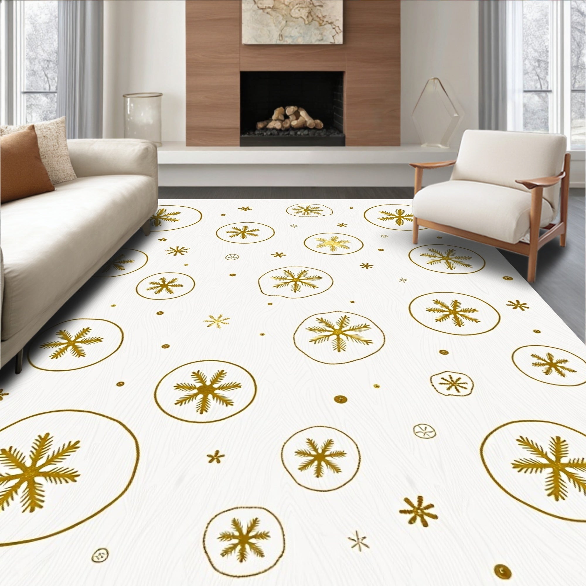 Golden Snowflake Scattered Circular Rug