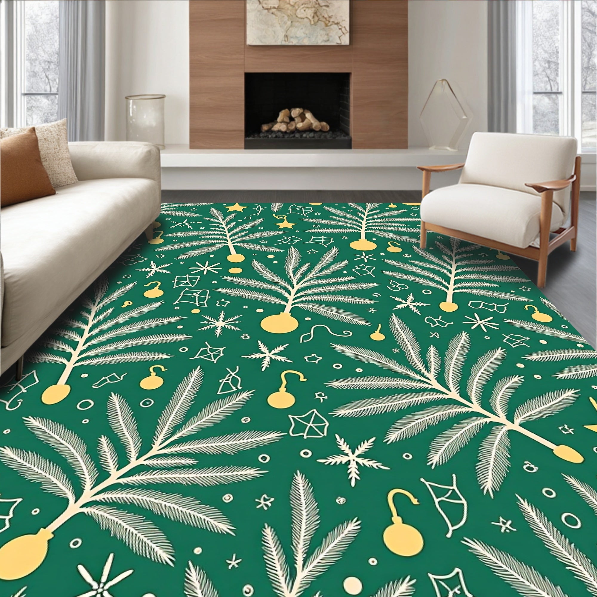 Green White Yellow Holiday Ornaments Tree Rug