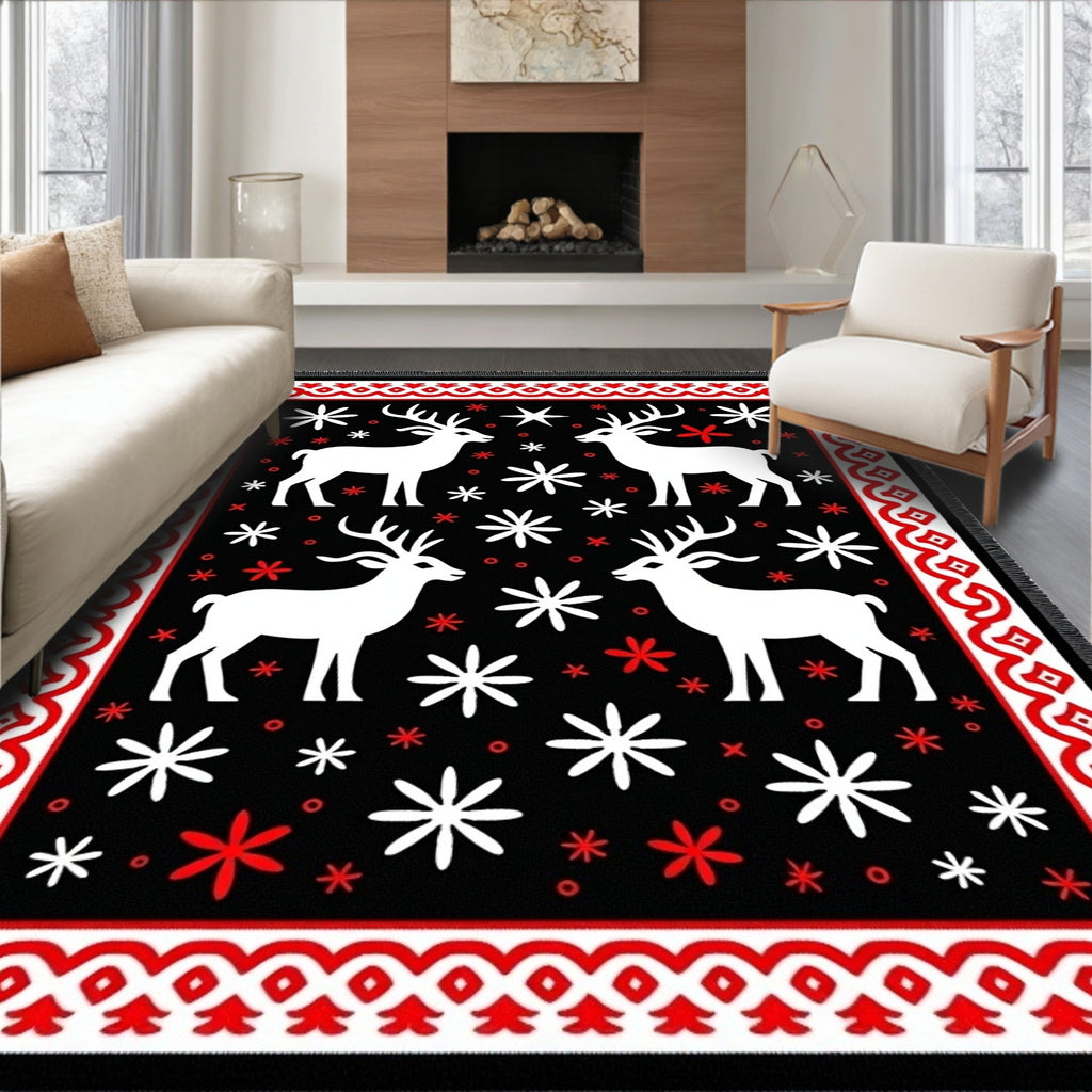 Red White Deer Snowflake Border Rug