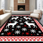 Red White Deer Snowflake Border Rug