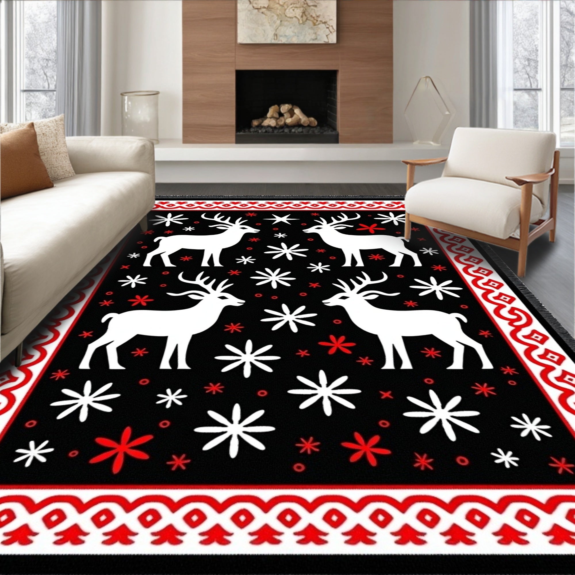 Red White Deer Snowflake Border Rug