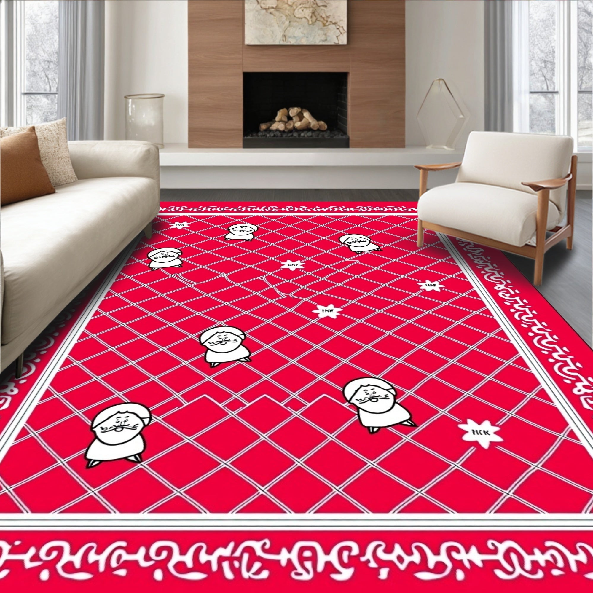 Red Cartoon Character Lattice Rug