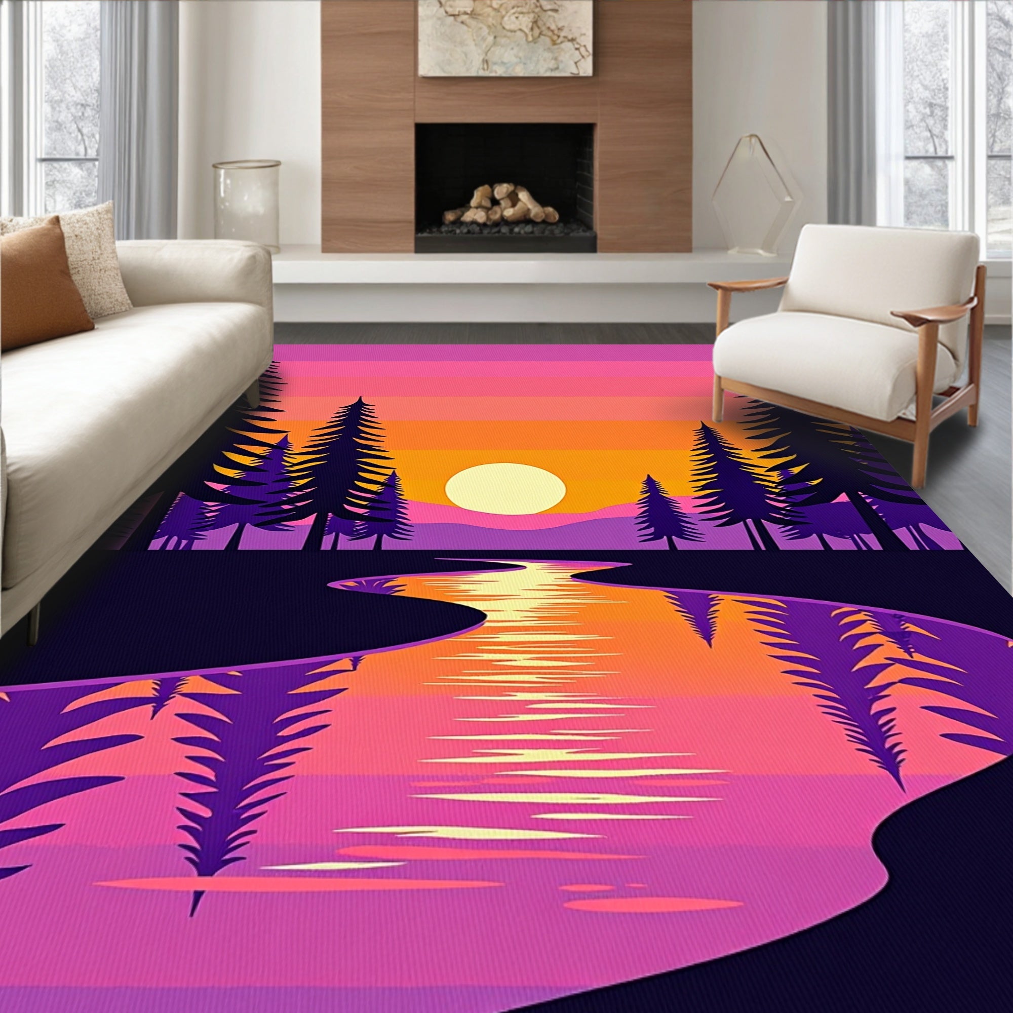 Vibrant Sunset Lake Trees Reflection Rug