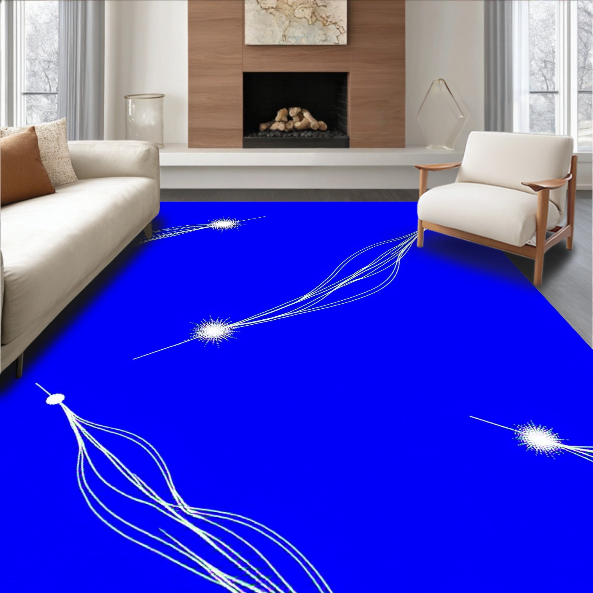 Bright Blue White Cosmic Flowing Lines Rug