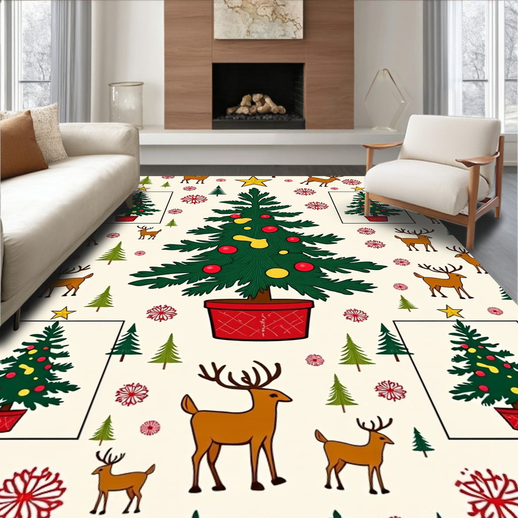 Festive Christmas Trees and Reindeer Collage Rug
