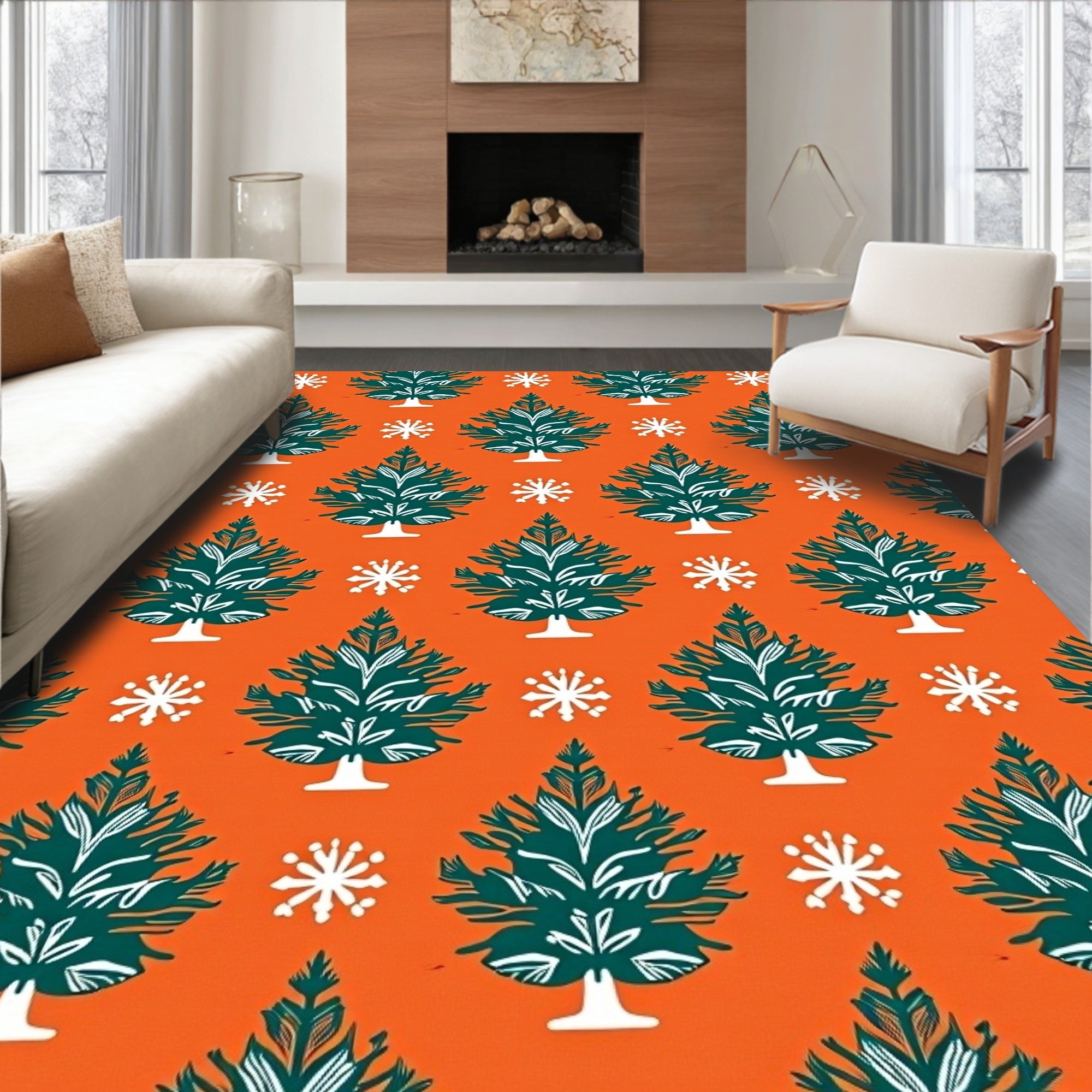 Orange Evergreen Snowflake Trees Rug