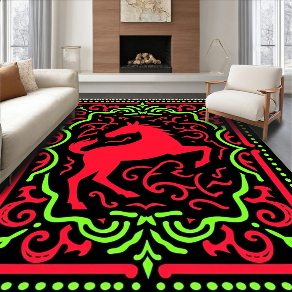 Bold Red Horse Black Ornament Rug