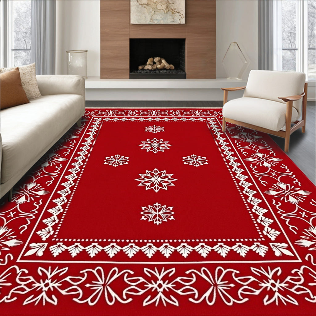 Bold Red White Snowflake Border Rug
