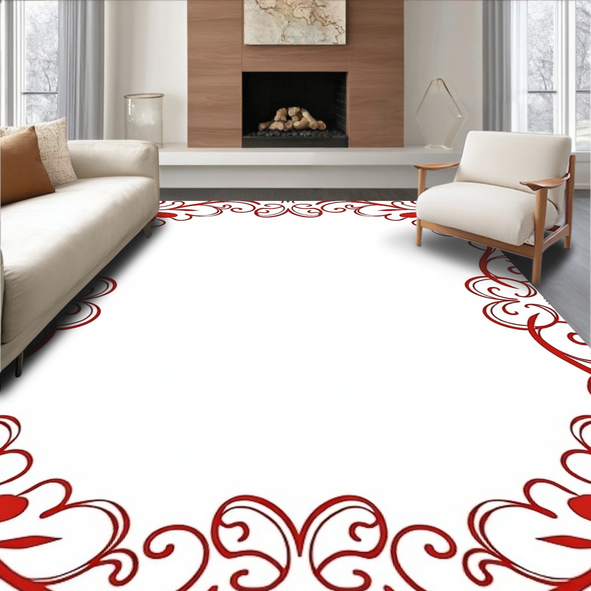 Classic Red Floral Swirl Border Rug