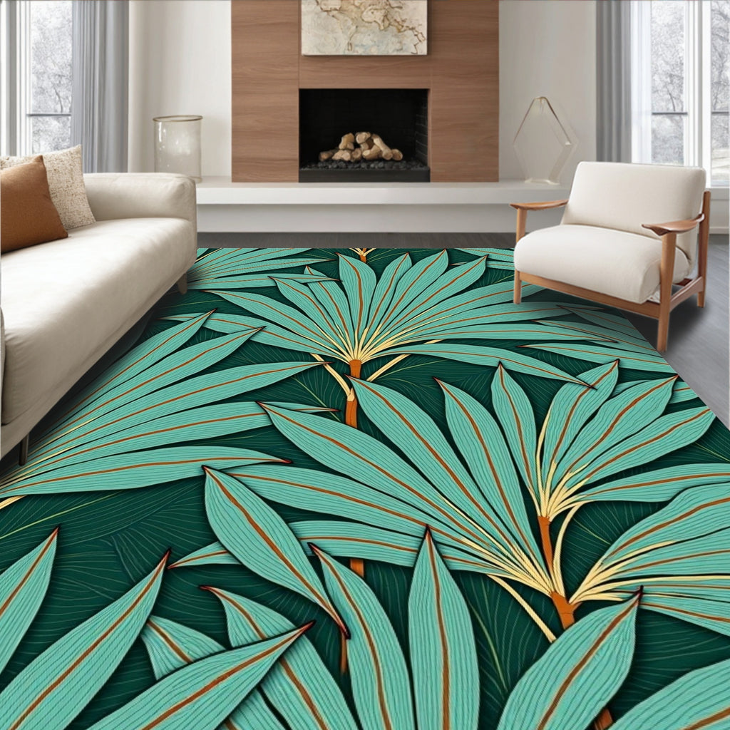 Teal Palm Frond Garden Harmony Rug
