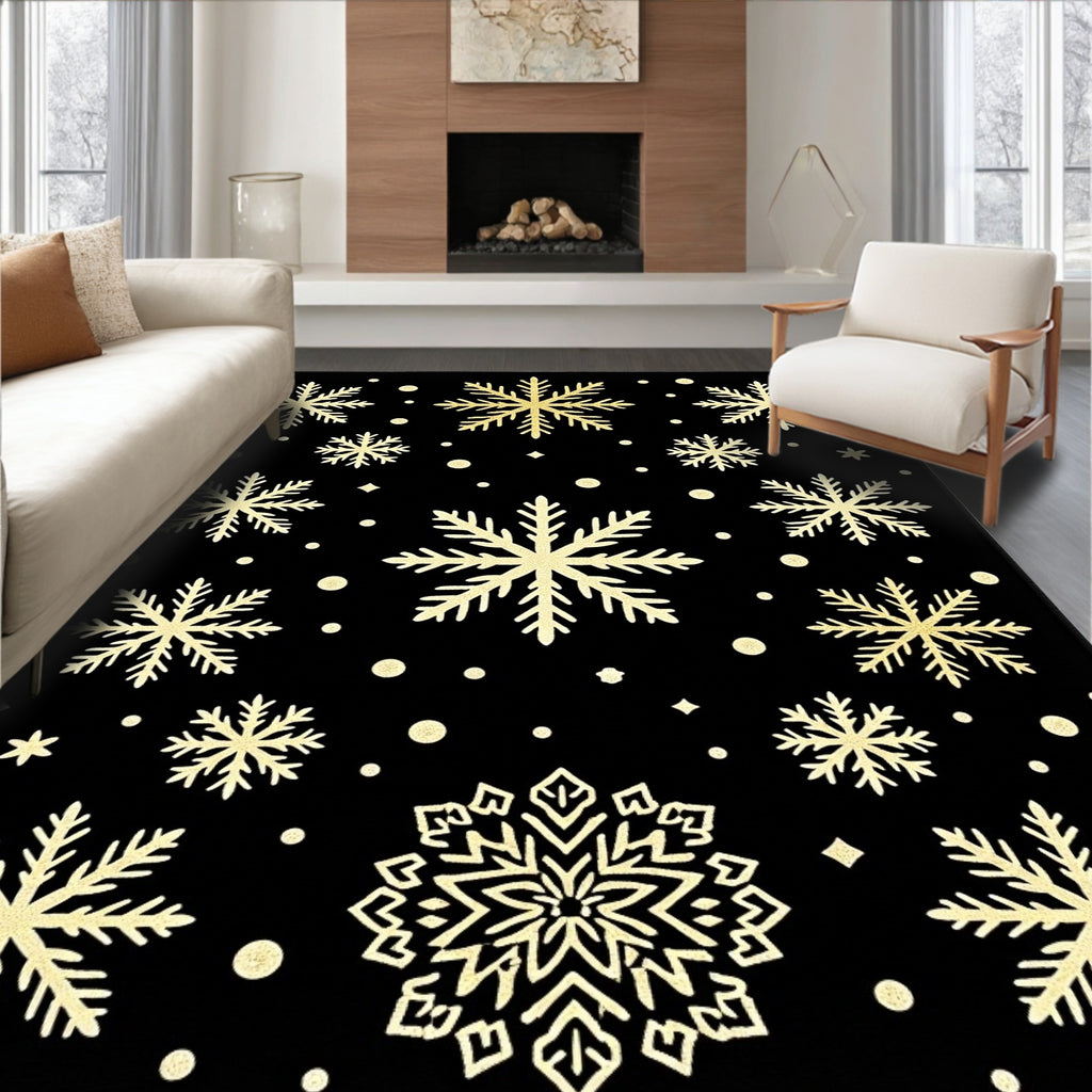 Golden Snowflake Black Winter Rug