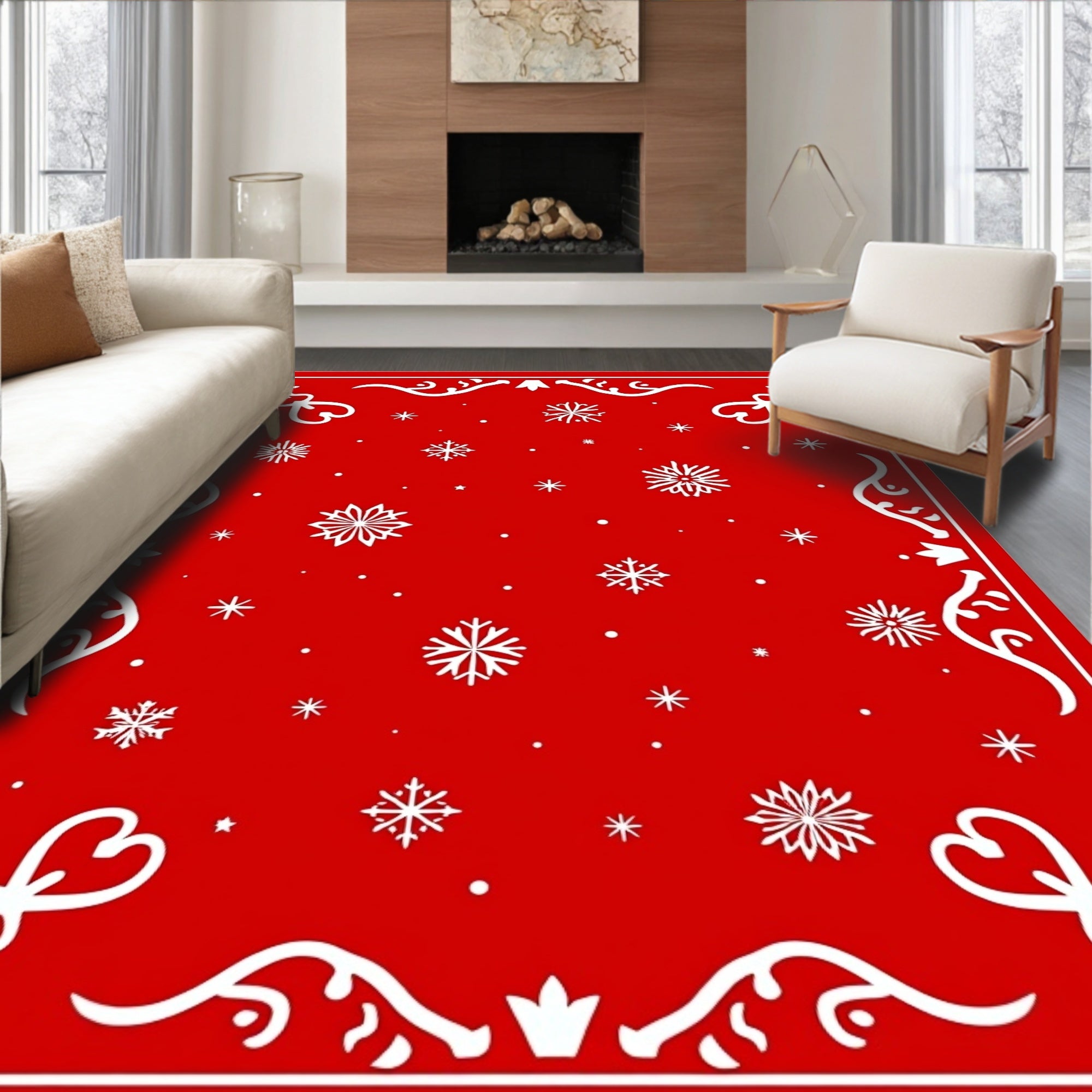 Crimson Red Snowflake Scatter Festive Rug