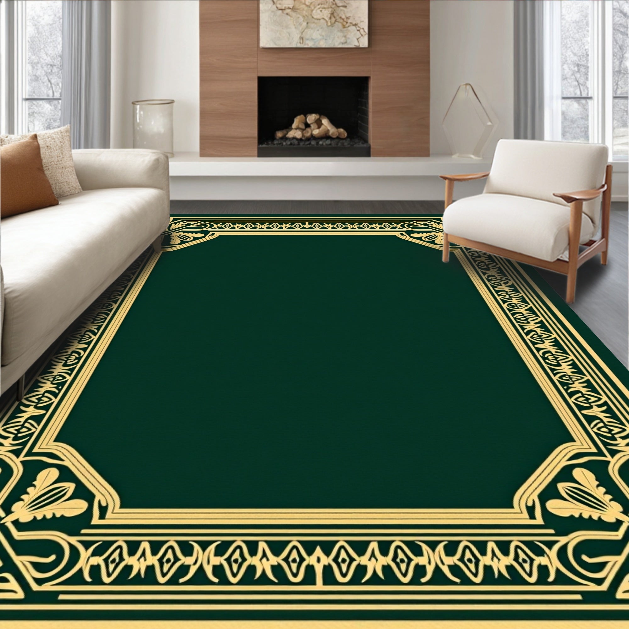 Ornate Gold Scrollwork Emerald Border Rug