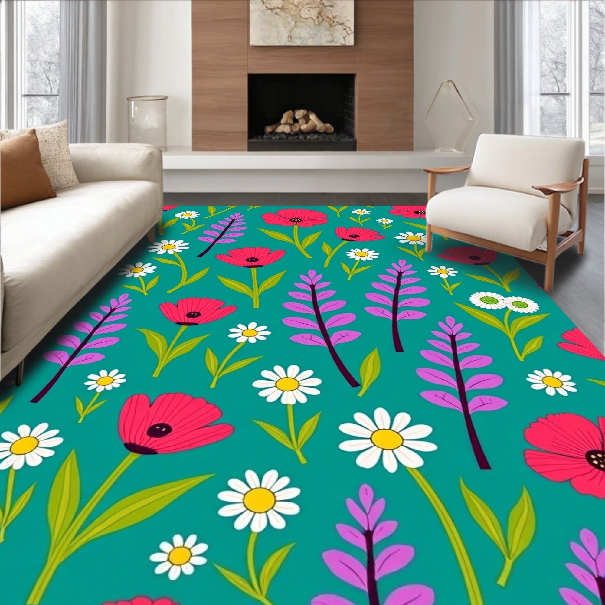 Vibrant Pink Floral Meadow Blooms Rug
