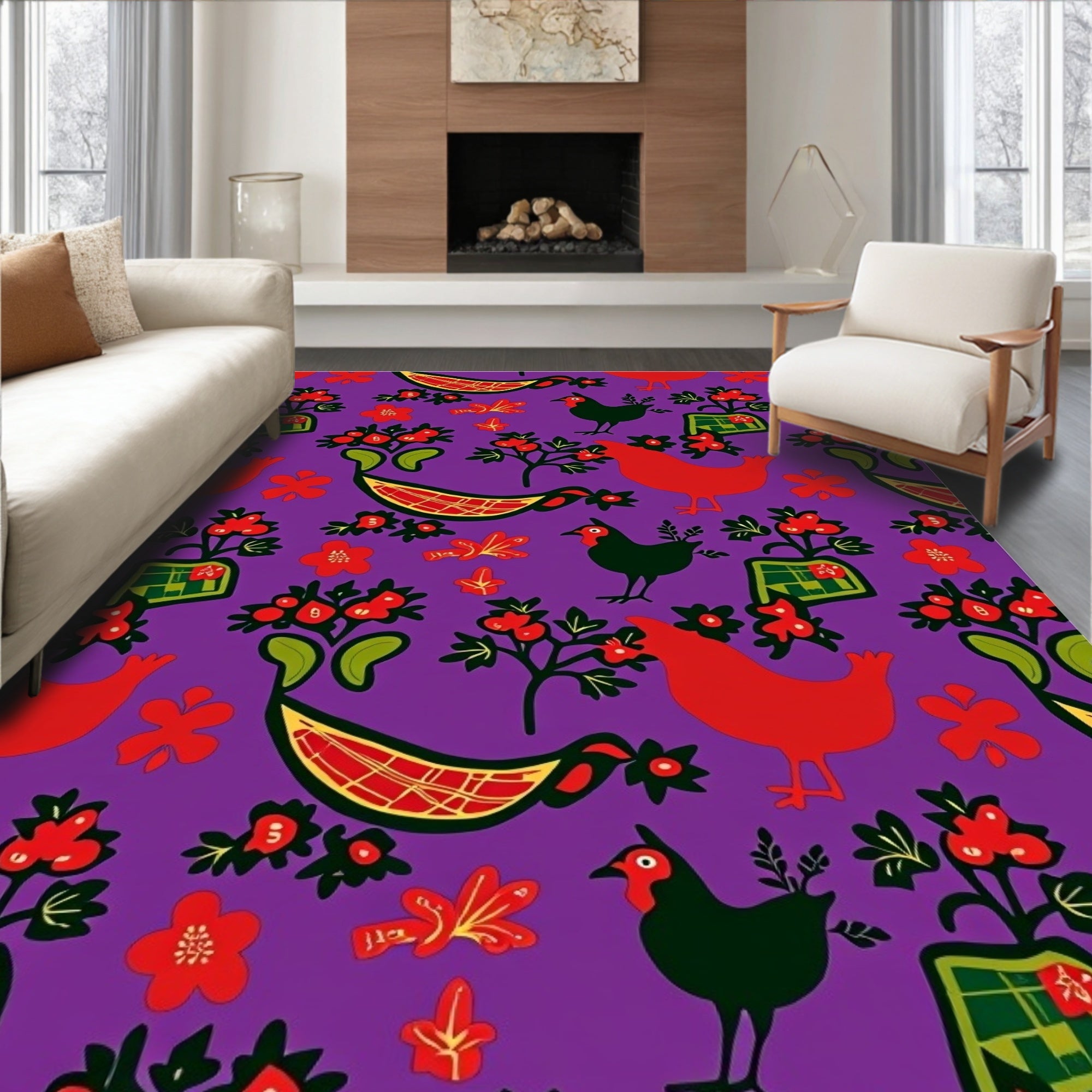 Whimsical Red Hen Folk Art Rug