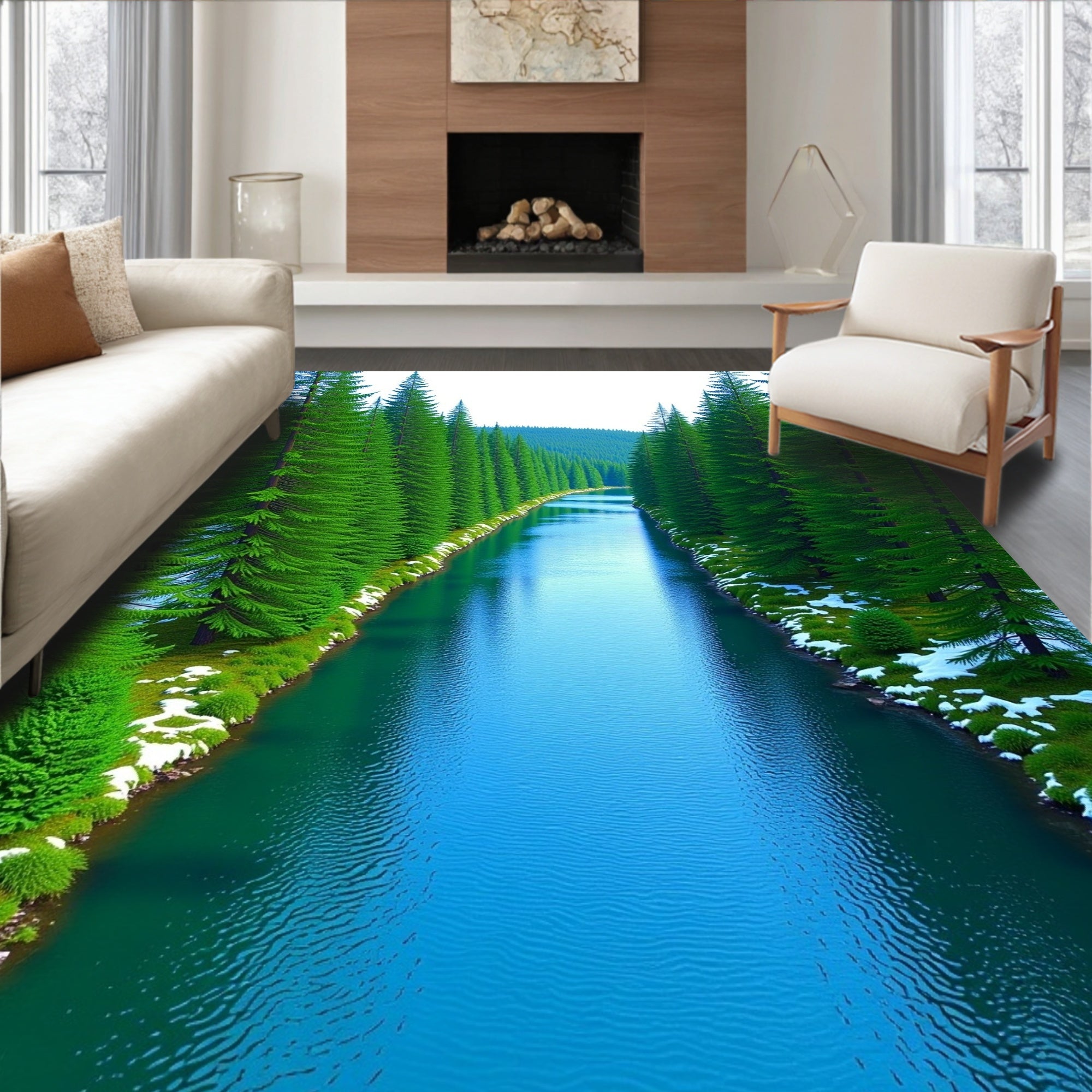 Emerald Forest River Reflecting Sky Rug