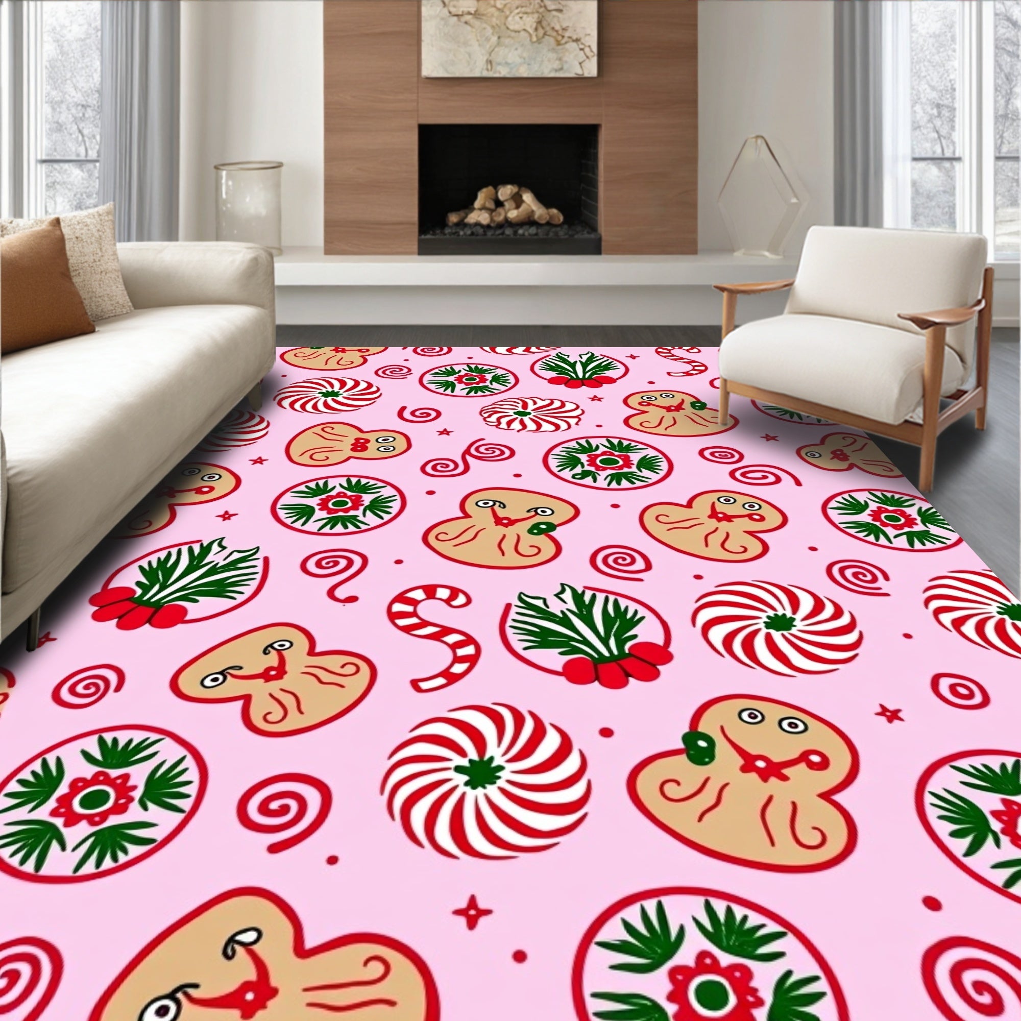 Pink Gingerbread Peppermint Holly Swirls Rug