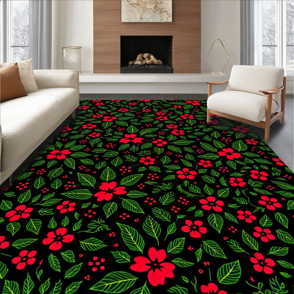 Red Floral Garden on Black Background Rug