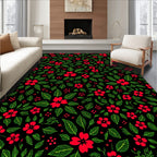 Red Floral Garden on Black Background Rug