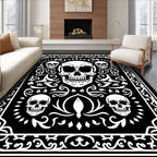 Gothic Skull Floral Black White Square Rug