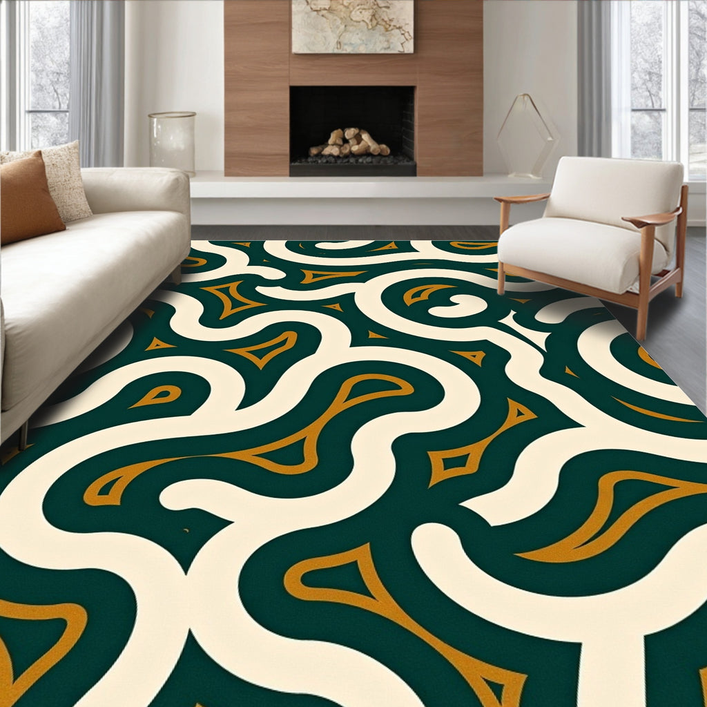 Emerald Cream Gold Swirling Abstract Rug