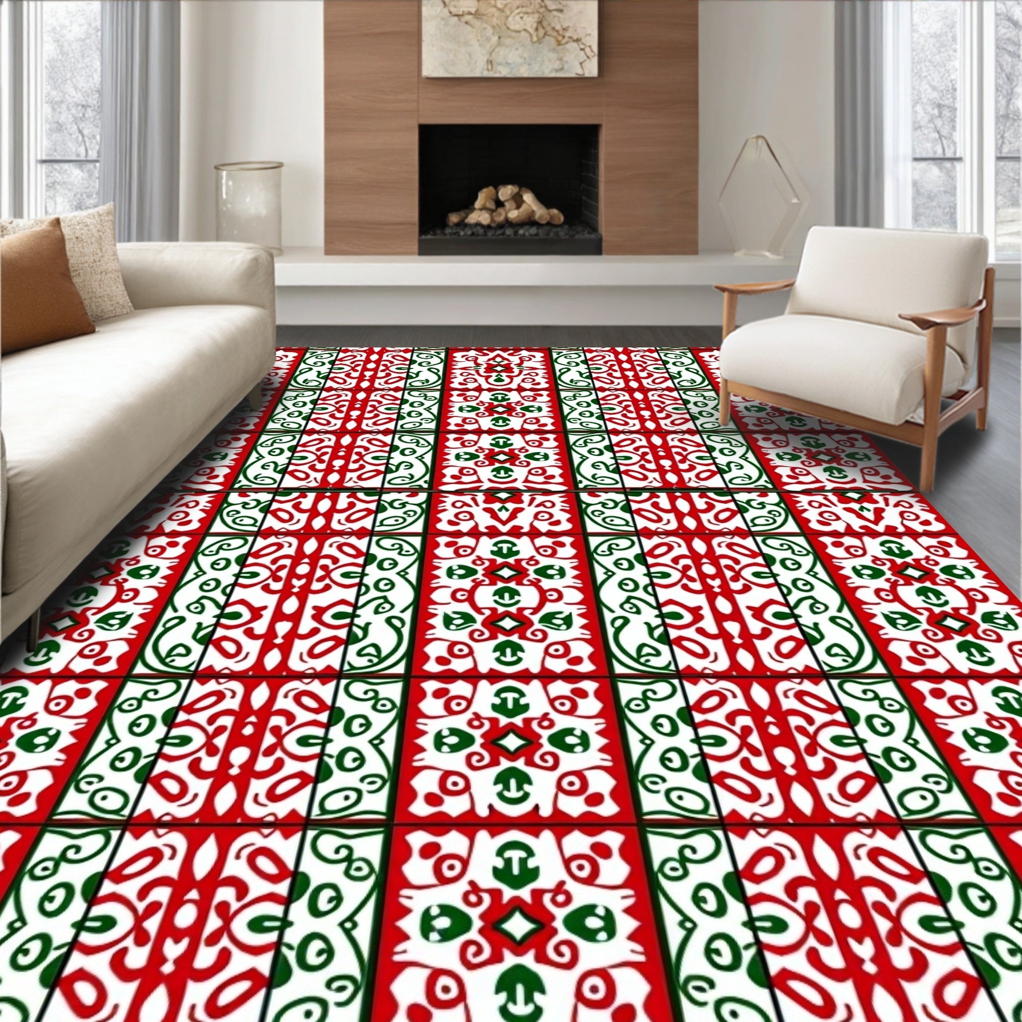 Red Green Ornate Geometric Medallion Rug