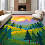 Sunlit Verdant Forest Mountain Landscape Rug