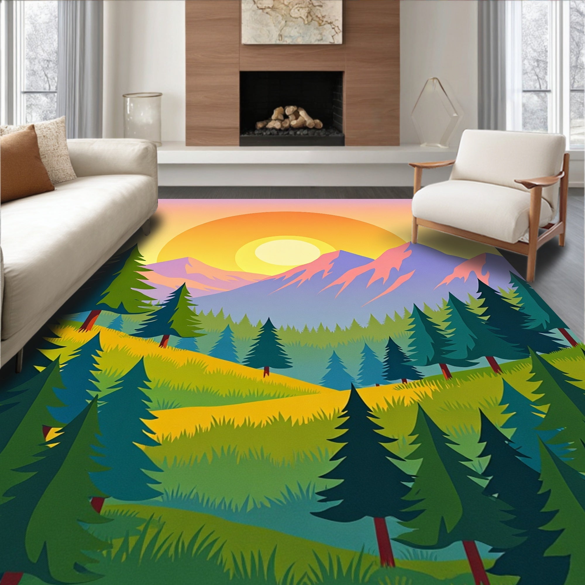 Sunlit Verdant Forest Mountain Landscape Rug