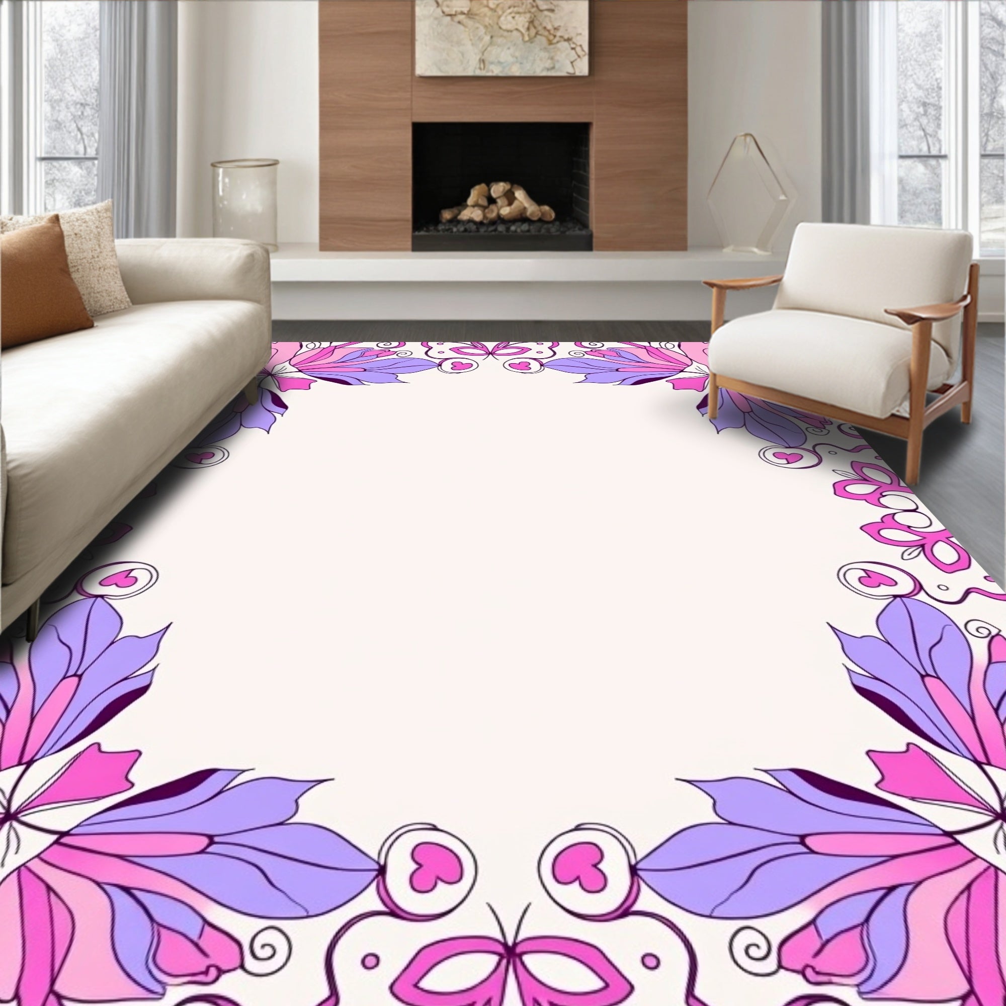 Whimsical Pink Purple Floral Corner Rug