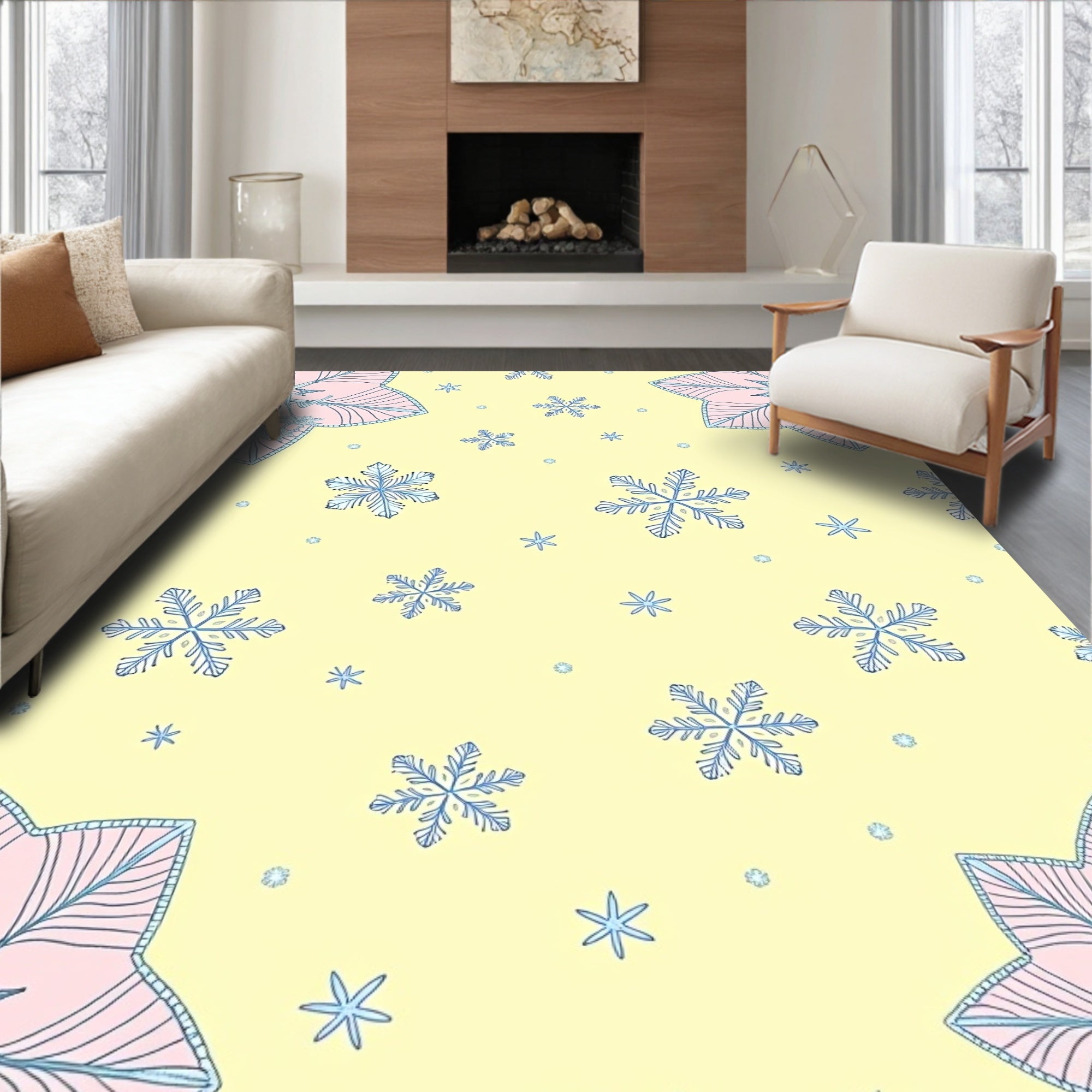 Pale Yellow Blue Snowflake Charm Cluster Rug